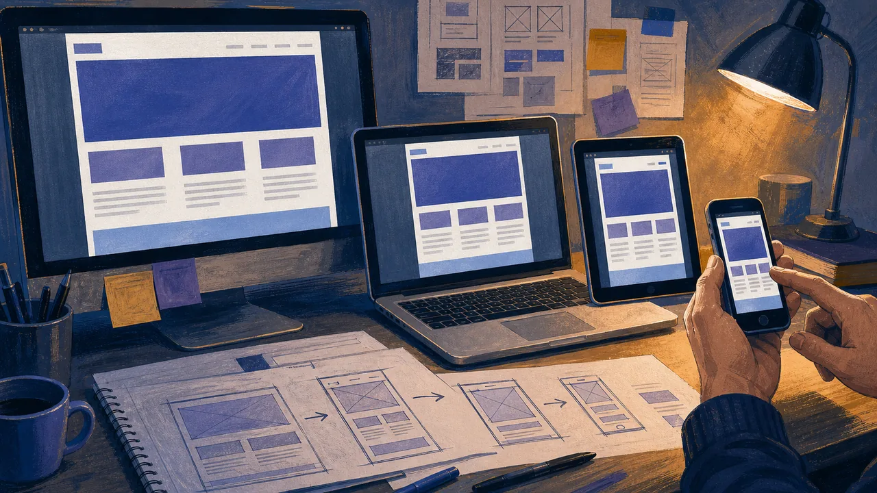 Ilustracja pokazuje ten sam neutralny układ strony dopasowany do monitora, laptopa, tabletu i telefonu obsługiwanego dotykiem.