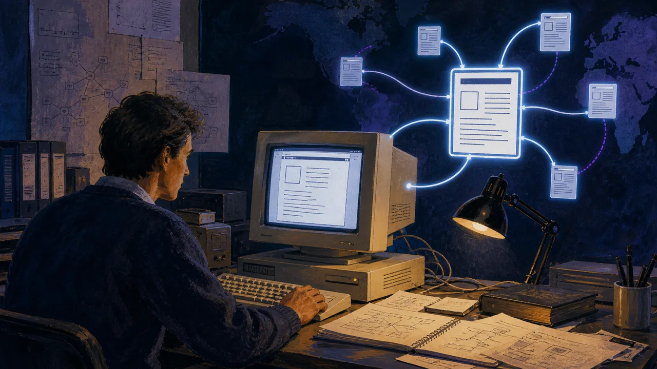 Ilustrowana rekonstrukcja biura badawczego z 1990 roku: komputer z prostym dokumentem hipertekstowym łączy się z innymi stronami.